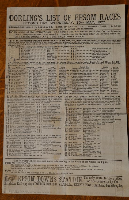 DORLINGS LIST OF EPSOM RACES for 30th May 1877. Race card with adverts on the back.